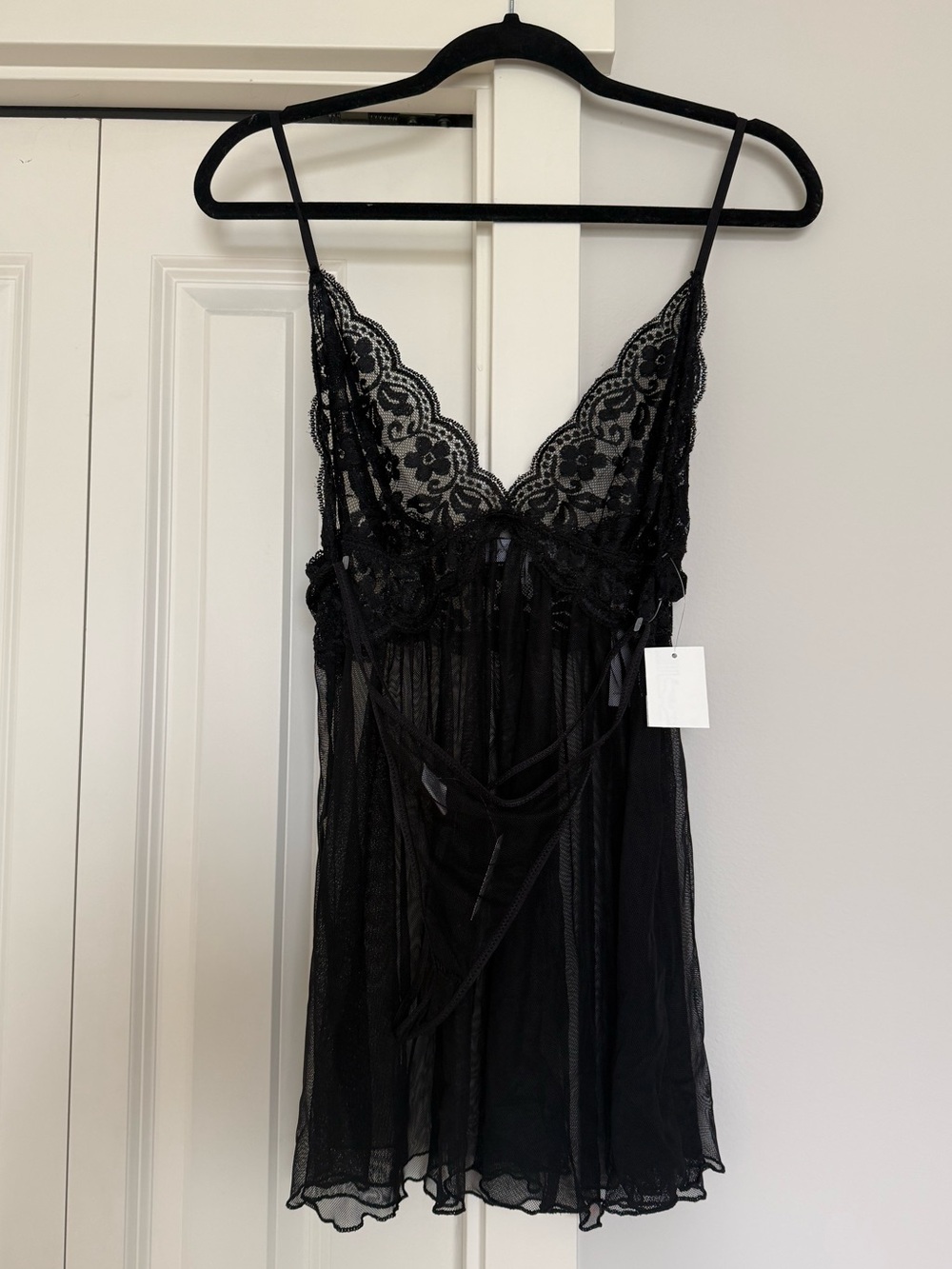 Black Lace Sheer Chemise with Floral Lace Cups & Bottoms (Set)